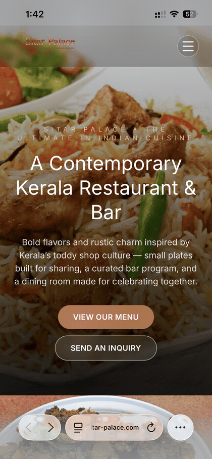 Step-by-step walkthrough of Sitar Palace's AI catering inquiry chat on FinOpps, from the landing page through guest count, dietary preferences, and the final proposal request review